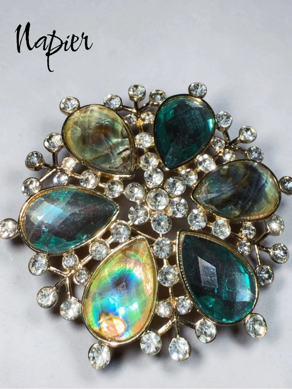 Vintage Signed Napier Gold Tone Brooch Pin with Teal Faceted Stones Approx 3”